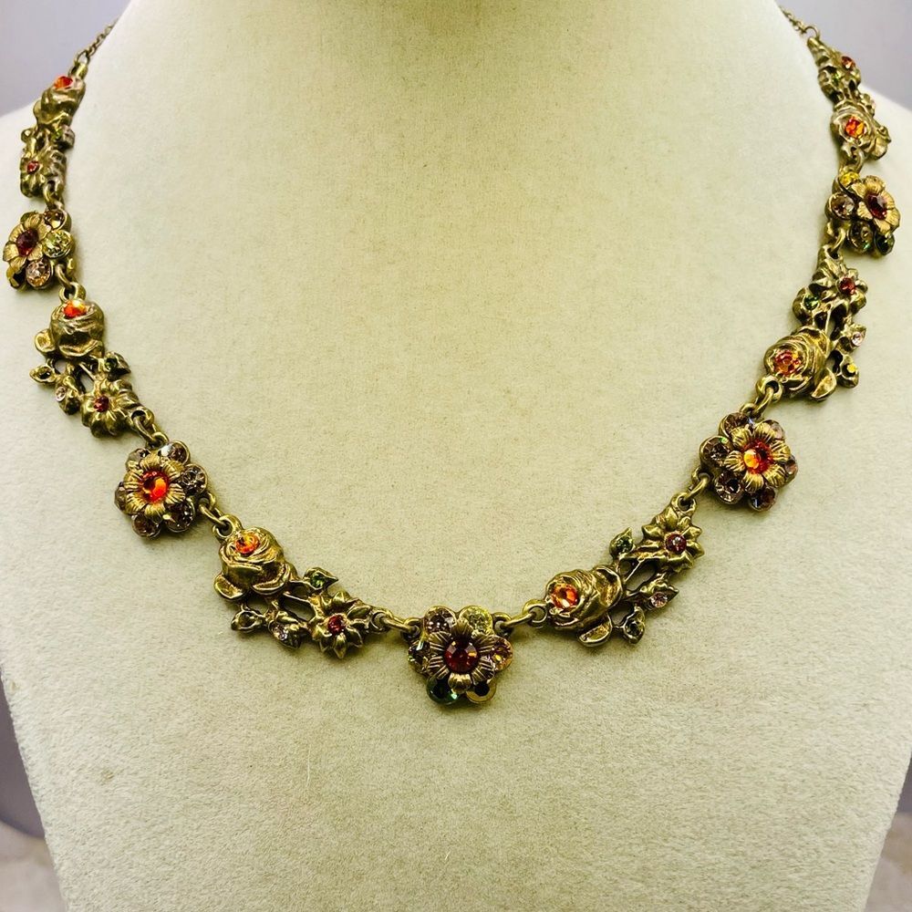 Michal Negrin Gold Antique Tone Orange and Red Crystal Floral Necklace. 16 inch